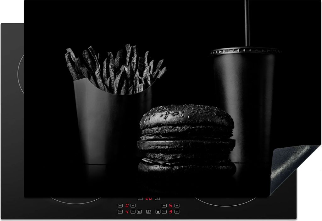 KitchenYeah Herdabdeckplatte Fastfood-Mahlzeit mit Burger und Pommes frites in Schwarz-Weiß , 77x51cm, Küche Deko, Glaskeramikkochfeld Herdabde...