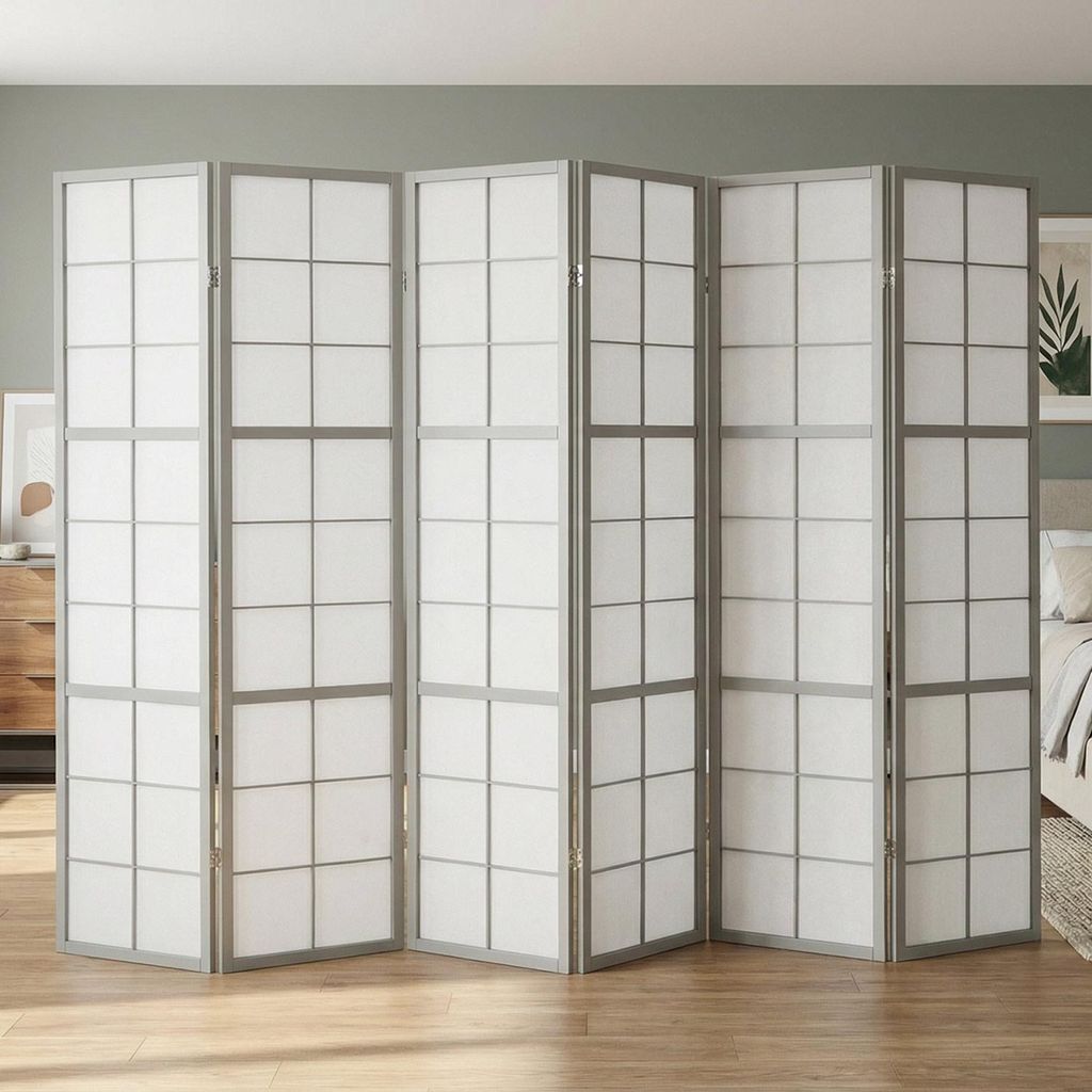 Homestyle4u Paravent Raumteiler 6 teilig Holz Grau Shoji Produktbild 