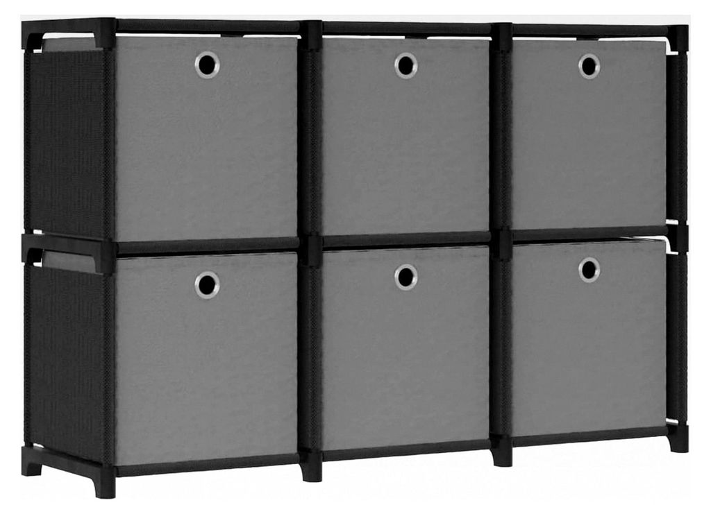 Würfelregal mit 6 Boxen in Schwarz für Aufbewahrung im Zuhause, Büro, Schlafzimmer und Wohnzimmer, modulares Regal mit Stahlrahmen