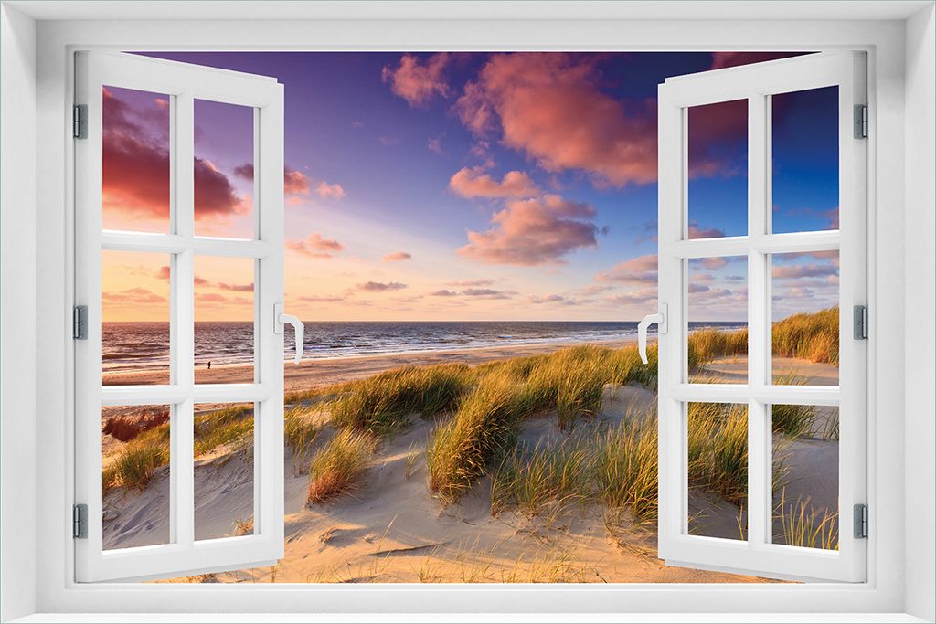 Wallario selbstklebendes Poster mit Fenster-Illusion - Abendspaziergang am Strand - Sonnenuntergang über dem Meer, Größe: 61 x 91,50 cm
