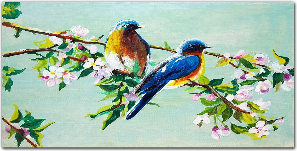 Coloray Bild aus Leinwand 100x50 Leinwand Dekoration - Zweige Blätter Blumen Vögel