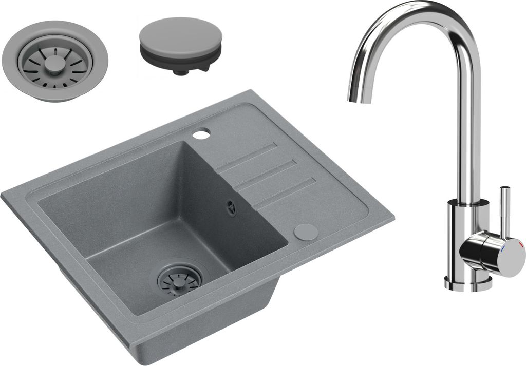 VBChome Spülbecken Granit Grau mit Armatur 55 x 44 cm Einzelbecken Einbauspüle Gesprenkelt Reversibel Granitspüle Grau Siphon Waschbecken Armatur