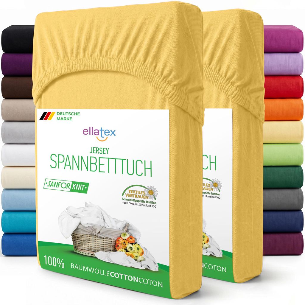 EllaTex 2er Pack Jersey Spannbettlaken 90x200–100x200 Baumwolle – Spannbetttücher Set für Standard Matratzen, Farbe: Gelb