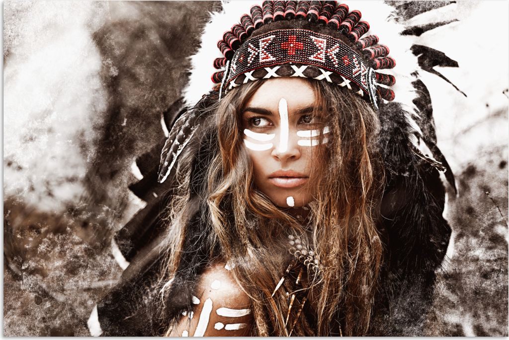 MuchoWow Poster Frau - Indianergewand - Federn - Streifen 90x60 cm - Schlafzimmer