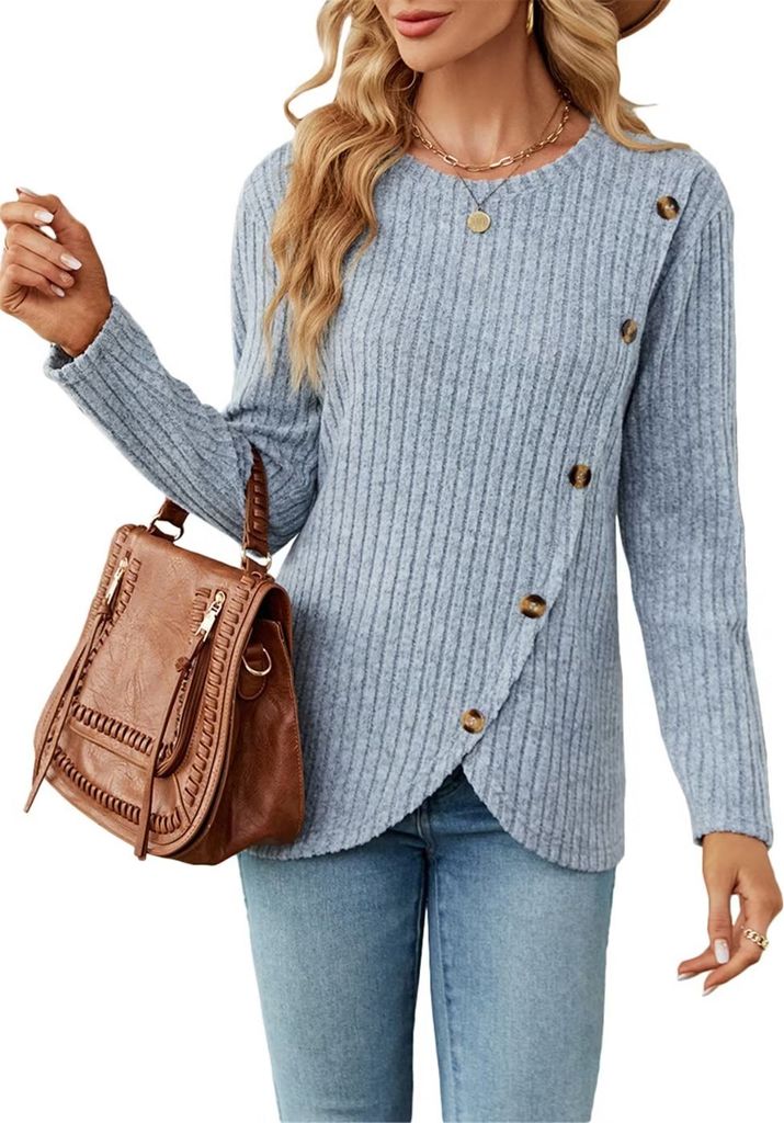ASKSA Damen Langarm Einfarbig Rundhals Knoepfe Vorne Schlitz Oberteile Pullover, Hellblau, XXL