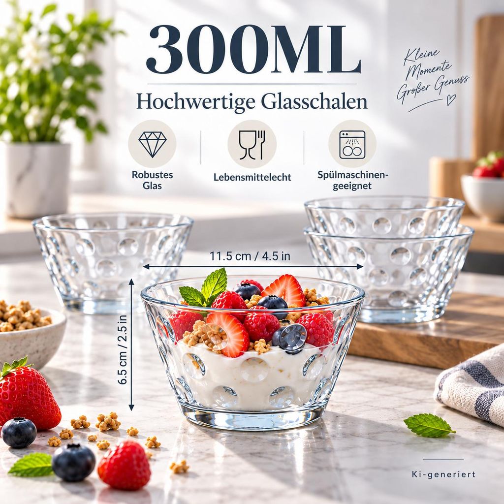 12x Dessertschalen Glas 300 ml – Stapelbare Glasschalen Set