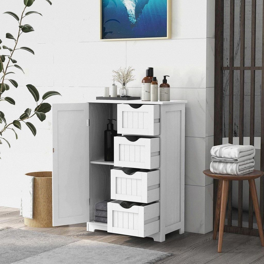 Badezimmerschrank mit 4 Schubladen & 1 Tür, Badschrank mit verstellbare Ablage & Magnetischer Türverschluss & Kippersicherung für Wohnzimmer, Ba...