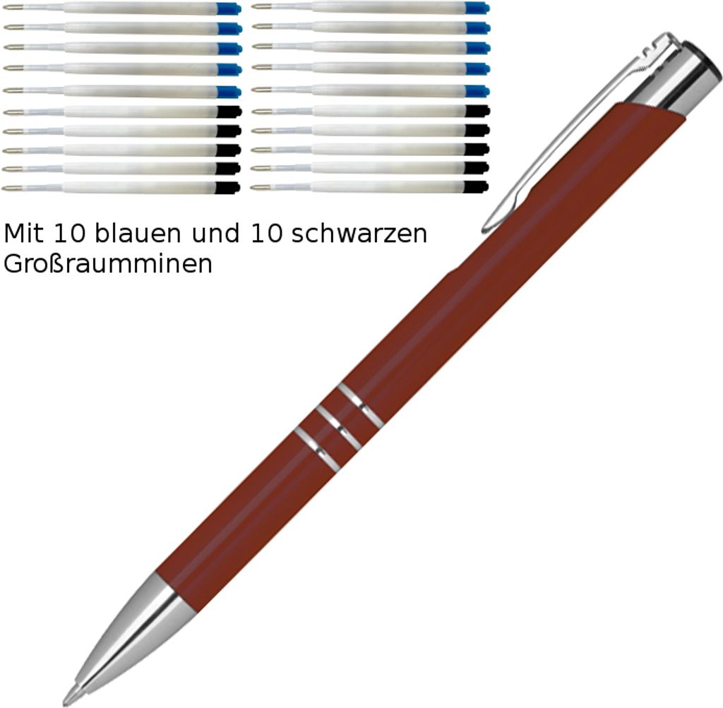 10 Kugelschreiber aus Metall / je 10 schwarze + blaue Minen / Farbe: bordeaux