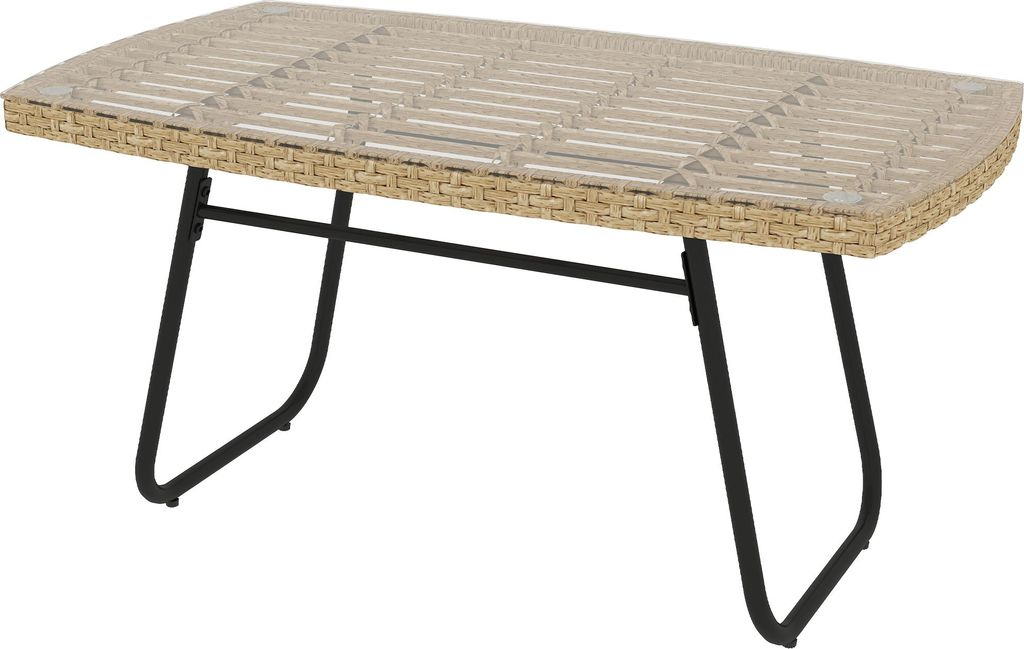 Polyrattan Gartentisch, 90 x 50 x 45 cm, UV-beständig Beistelltisch mit Glasplatte Naturholz