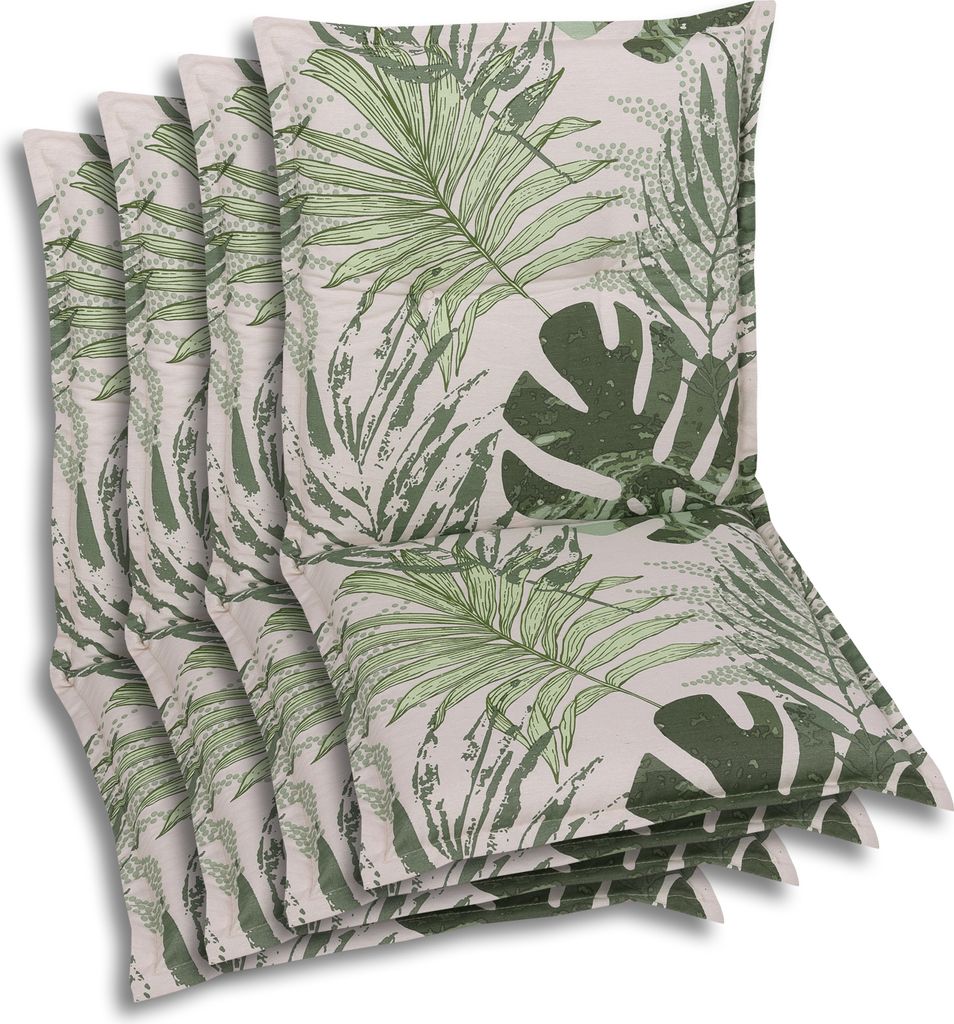 A stack of four chair cushions with a tropical leaf pattern.