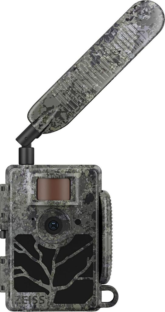 A camouflage-patterned trail camera with an extended antenna, shown against a white background.