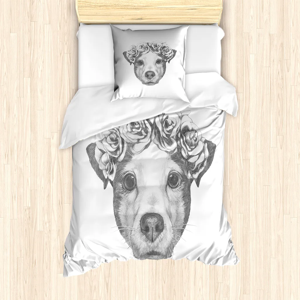 ABAKUHAUS Set copripiumino Jack Russell per letti singoli, coroncina floreale, antiacaro, adatto a chi soffre di allergie, con federa, 135 cm x 200 cm - 80 x 80 cm, grigio bianco