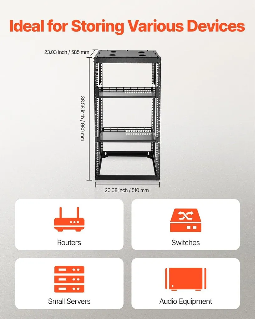 Rack ouvert 20U robuste profondeur 58,5cm avec étagères ventilées