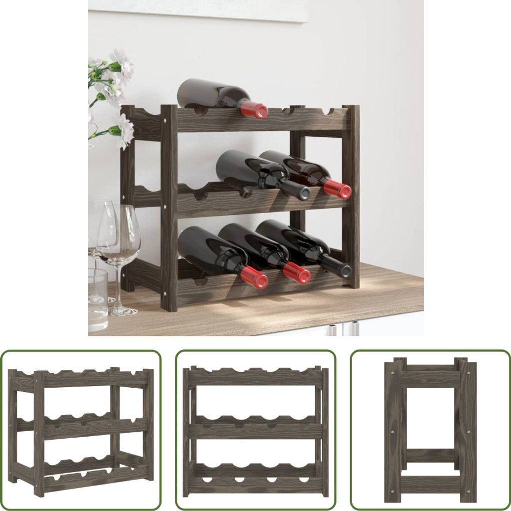The Living Store Weinregal für 12 Flaschen Grau Massivholz Kiefer