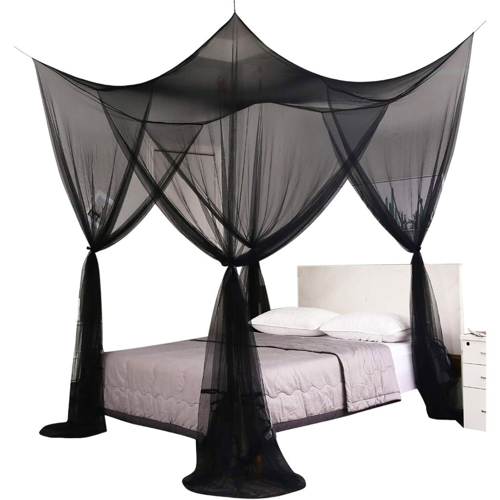 Moskitonetz Doppelbett mit 4 Eckpfosten, Moskitonetz Bett, Himmelbett Vorhänge 190x210x240cm, Schwarz