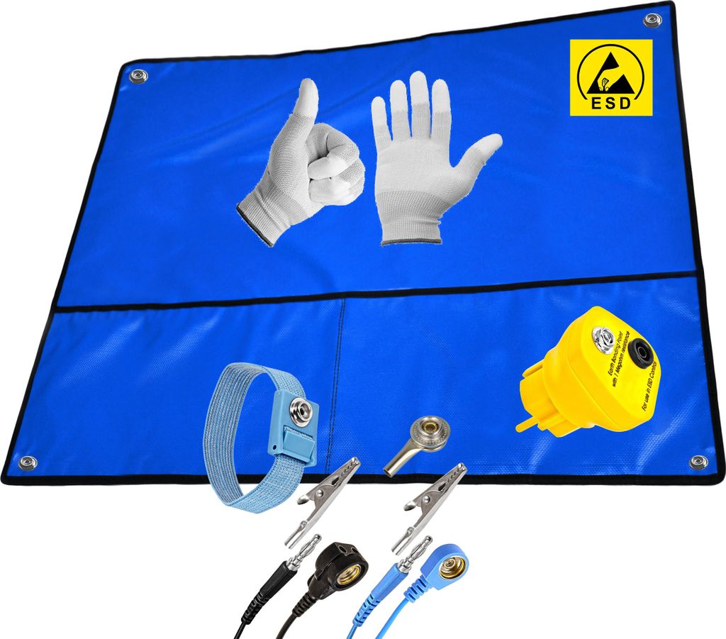 Minadax 80×60 cm ESD SET Antistatische Arbeitsmatte Tischmatte Unterlage | Tragbar & Faltbar + Erdungstecker + Manschette + Erdungskabel + ESD Han...