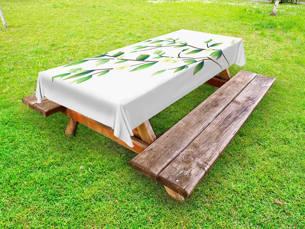 ABAKUHAUS Tovaglia da esterno Libellula, foglie con piccole libellule e gelsomino botanico Illustrazione botanica, verde bianco, 145x305 cm