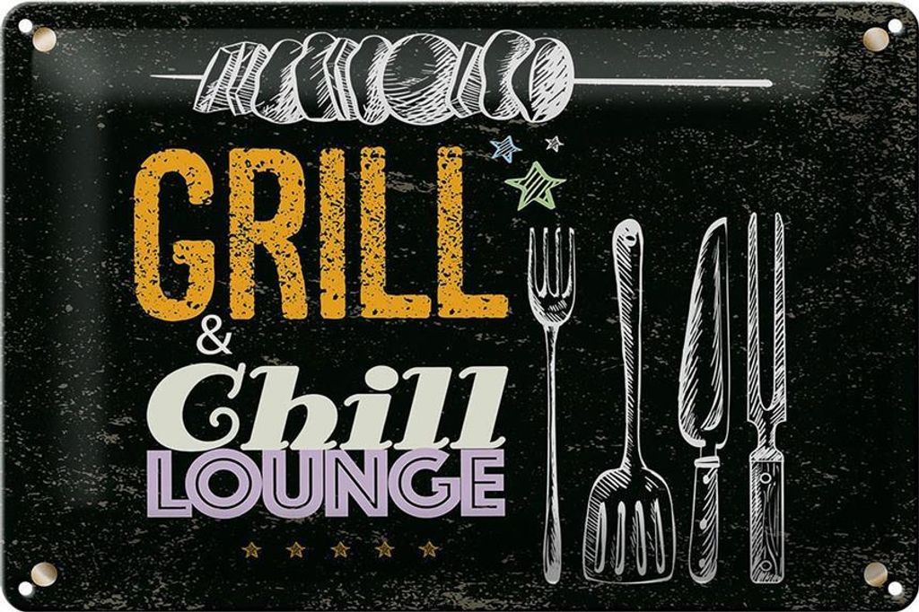 Blechschild Grill & Chill Fleisch Grillen, 30 x 20 cm, Blechschilder Spruch Fleisch Grillbesteck