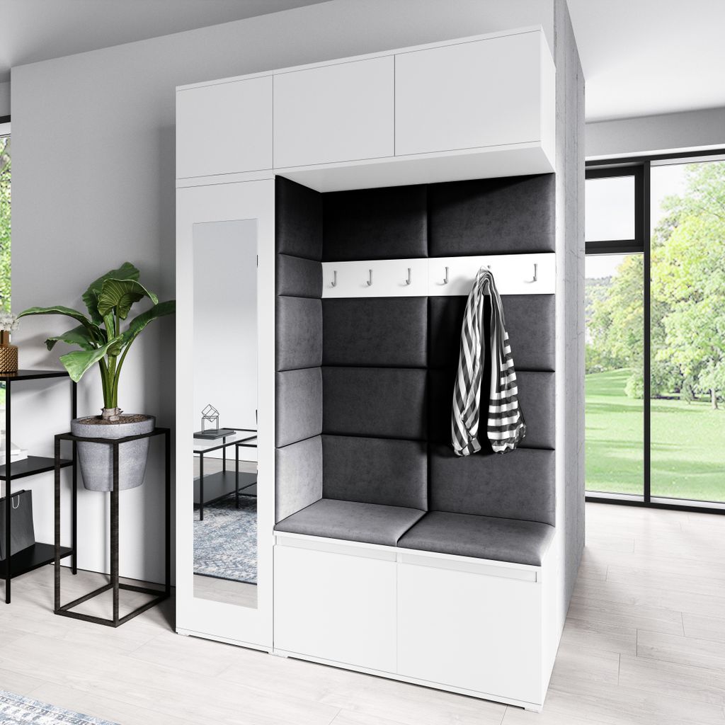 Garderoben-Set MIKA Kleiderschrank mit Polsterplatten, Schuhschrank Schrankaufsatz und Hängeschrank Ideal für Flur & Eingangsbereich (Weiß Trini...