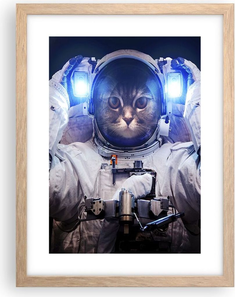 Gerahmtes Poster - Rahmen in heller Eiche - Kosmonaut Katze - 30x40 cm - Wand Bild - Wanddeko - Wandbilder - Kunstposter - Wandposter - Bilderrahme...