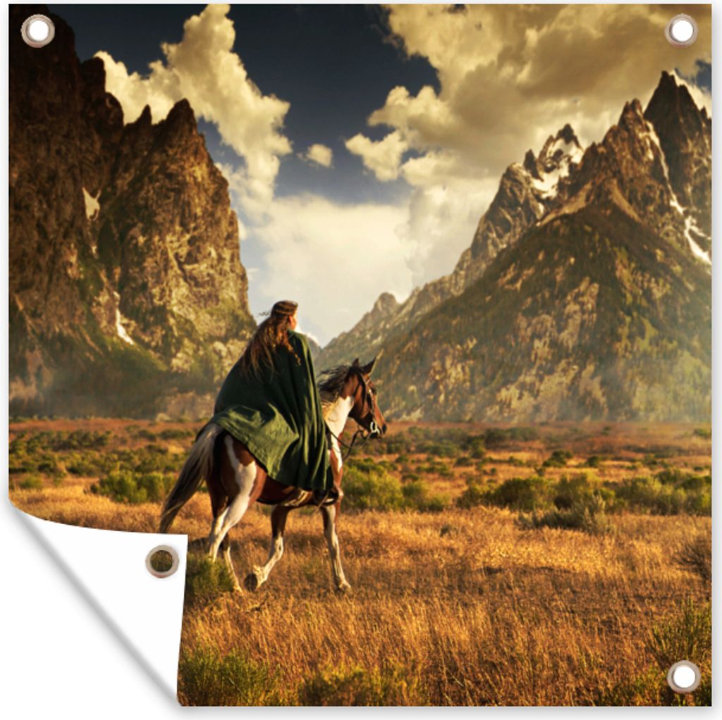 MuchoWow 50x50 cm Outdoor-Poster Gartendeko Sichtschutz Garten Poster für den Garten Pferd - Reiter - Natur