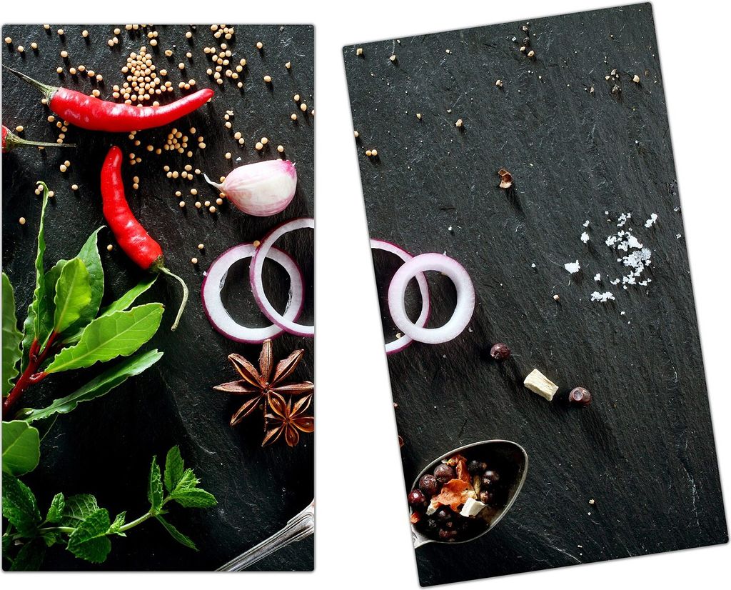 Spritzschutz Herdabdeckplatte Schneidebrett aus Glas Chili und Kräuter auf Tisch 2-Teilig (60x52cm)