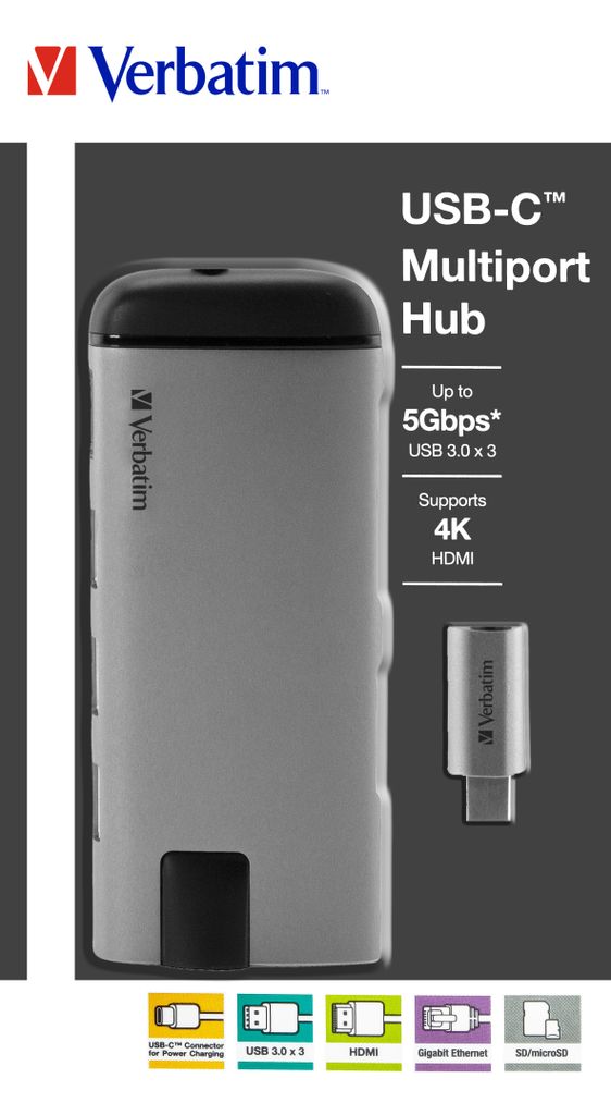 Verbatim Hub, USB 3.1-C, Multiport 3x USB 3.0, HDMI 4K, Produktbild 