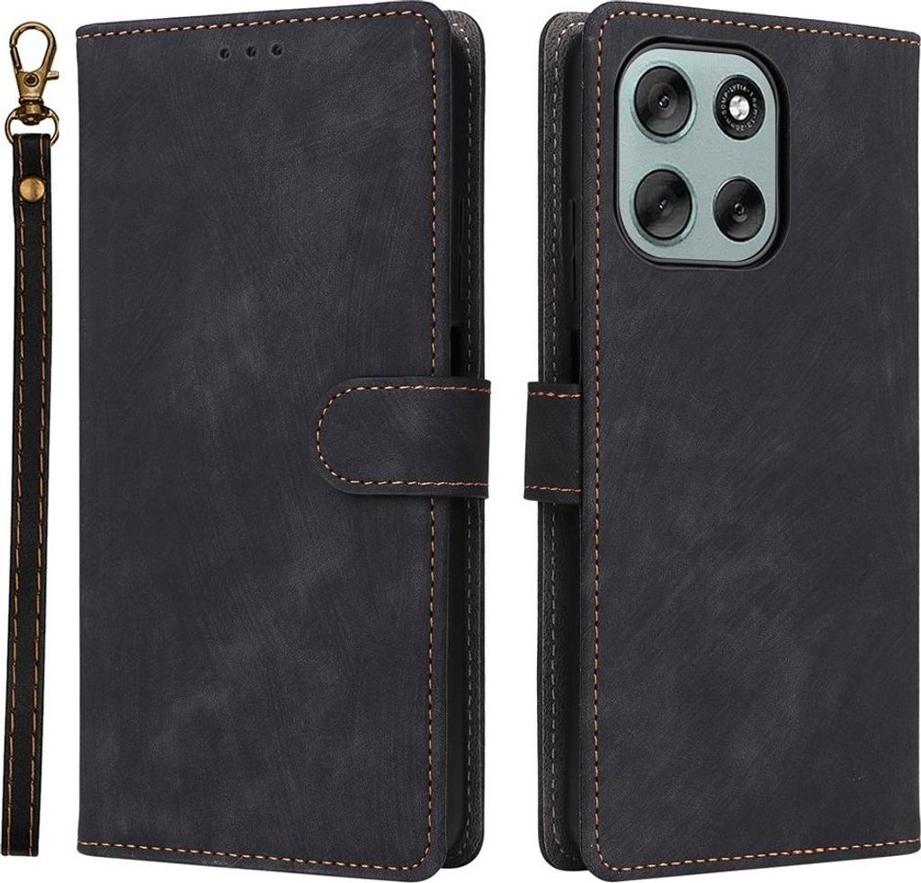 Hülle für Motorola Moto G56 - Phonesta Vintage Skin Book Wallet Klapphülle mit abnehmbarer Kordel - Schwarz