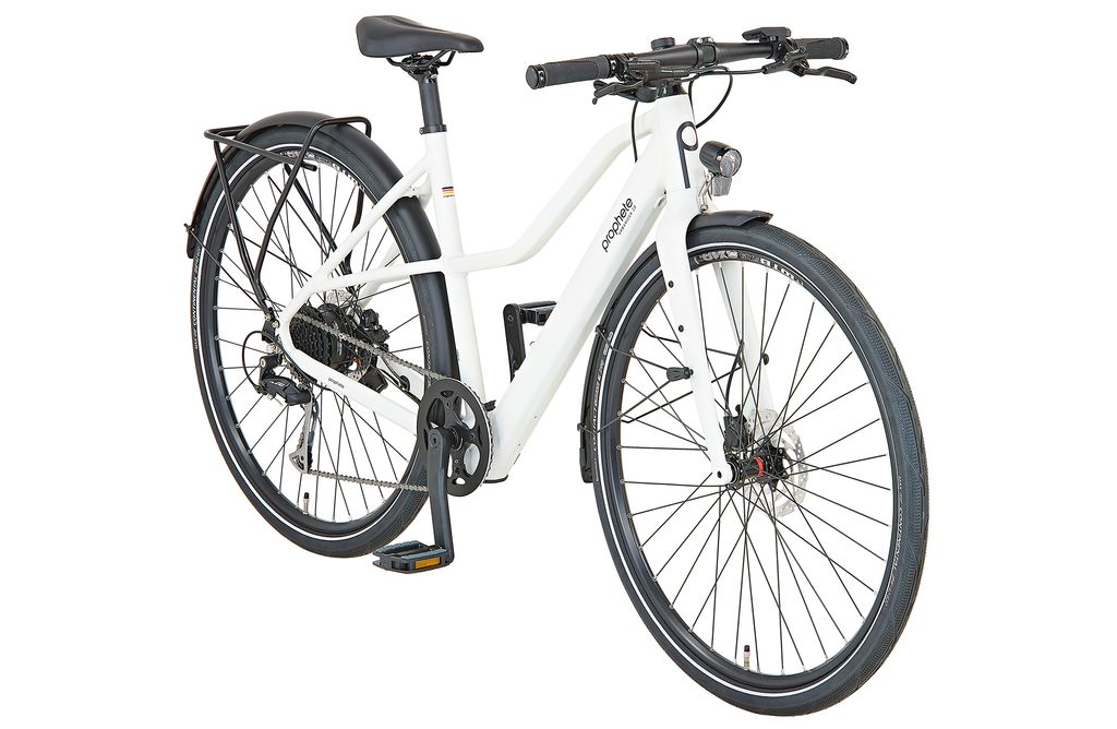 A white electric bicycle is shown from a three-quarter front angle against a white background.