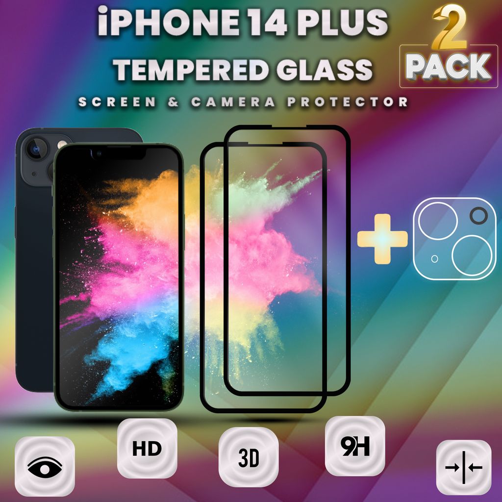 2-Stück iPhone 14 Plus Displayschutzfolie und Objektivschutz aus gehärtetem Glas 9H