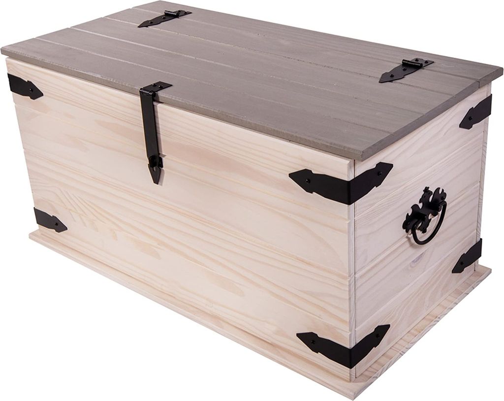 Truhe Merida, Pinienholz massiv, Holztruhe mit Stauraum, weiß lasiert, Schwarze Metallelemente, graue Deckplatte, Mexiko-Möbel