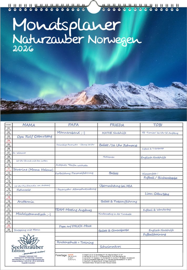Naturzauber Norwegen Planer Familienplaner 4 Spaltenplaner DIN A3 Kalender für 2026 Natur Reise Land Urlaub - Seelenzauber