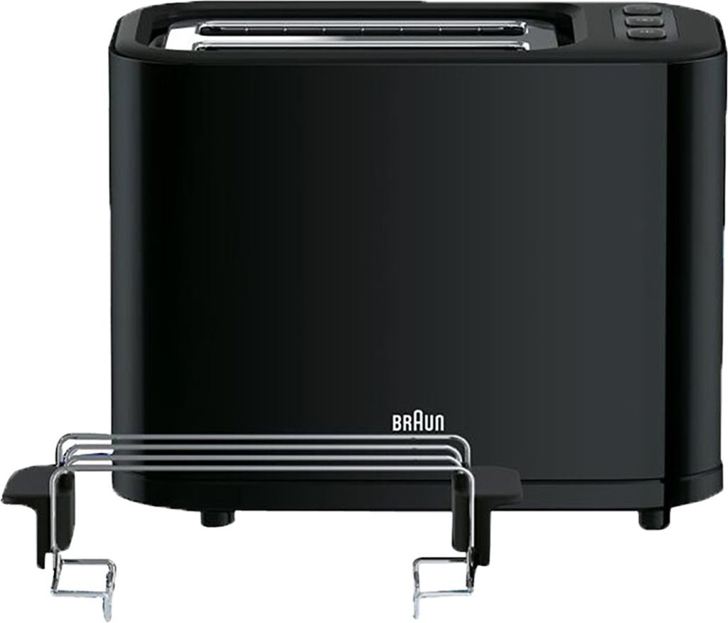 A black BRAUN toaster with a chrome warming rack in front of it, set against a white background.