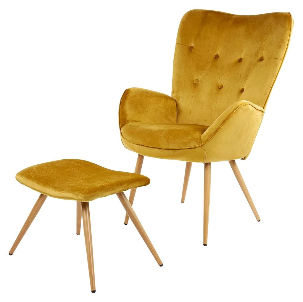 Ohrensessel York mit Hocker – Bequemer Sessel und Relaxsessel aus Samt in Gold – Vintage Lesesessel und Schlafsessel für das Wohnzimmer