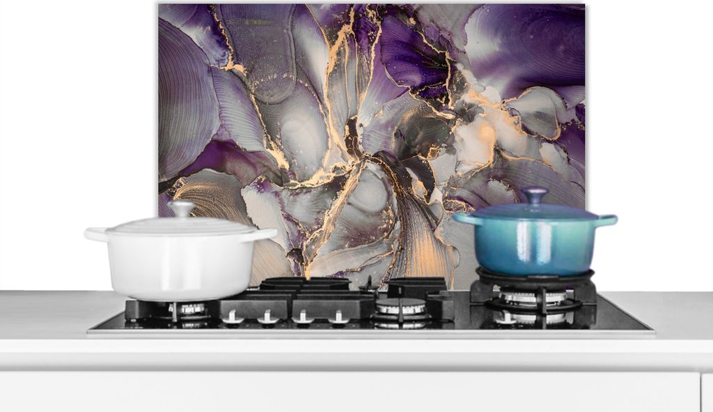 KitchenYeah Spritzschutz Küche - Küchenrückwand - Wandschutz für Herd und Spüle - Gold - Lila - Marmor 70x50 - Alu-Dibond (Alternative zum ...