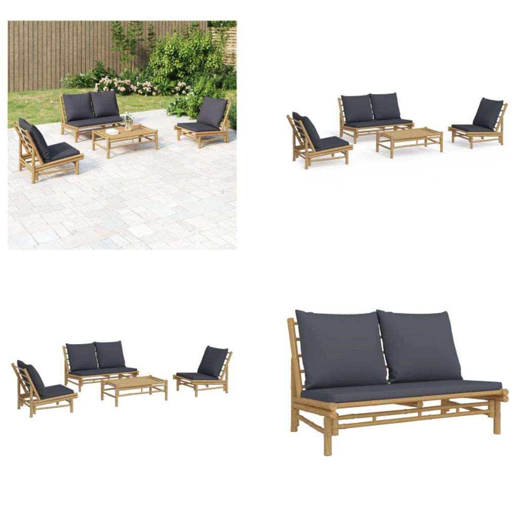 vidaXL 4 tlg. Garten Lounge Set mit Dunkelgrauen Kissen Bambus - Garten Lounge Set - Garten Lounge Sets - Lounge Set - Gartenmöbel Set