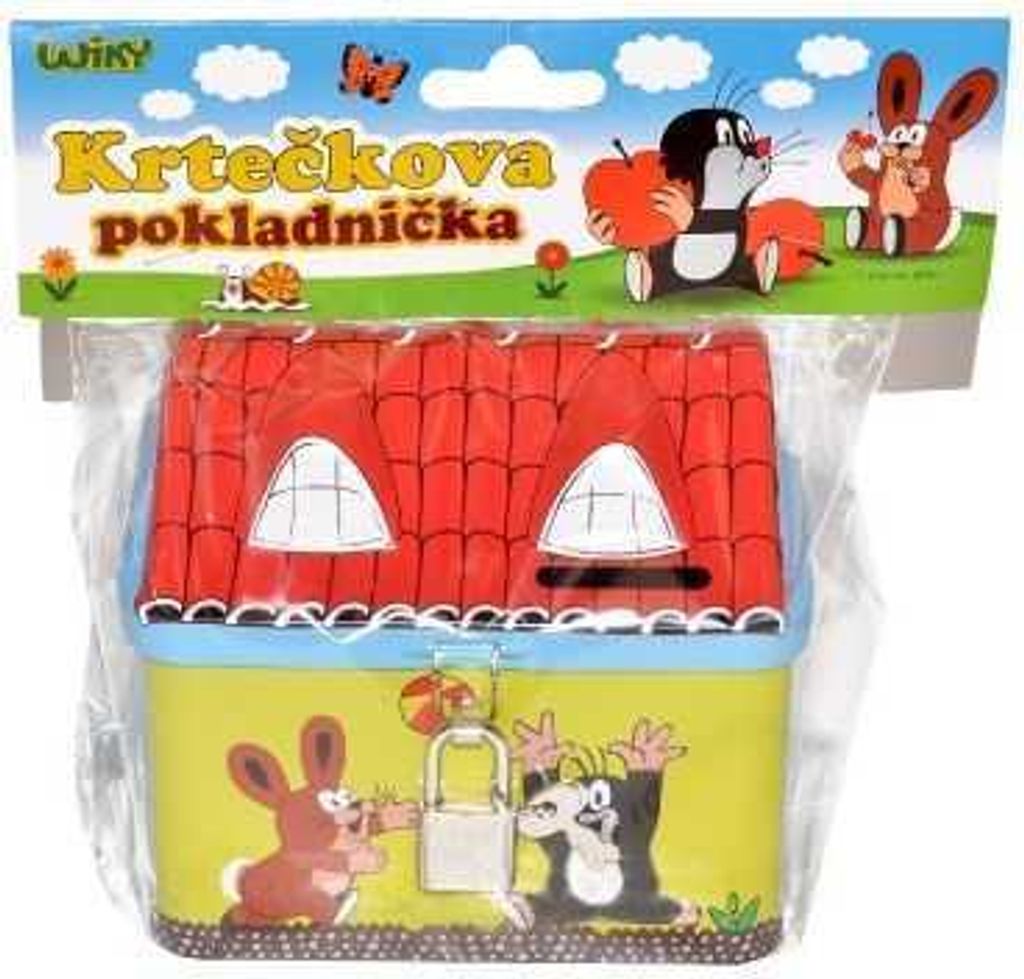 A product shot of a tin money box shaped like a house, with cartoon characters on it, presented in its packaging.