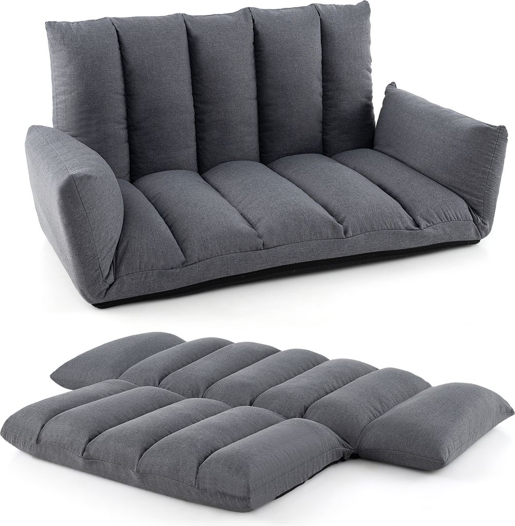 COSTWAY Bodensofa mit 5-Fach Verstellbarer Rückenlehne & Armlehnen, Bondenstuhl klappbar, Bodensessel mit gepolstertem Sitz, Relaxsessel Grau