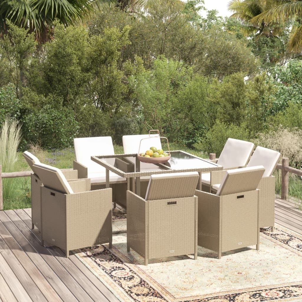 The Living Store 9-tlg. Garten-Essgruppe mit Kissen Poly Rattan Beige