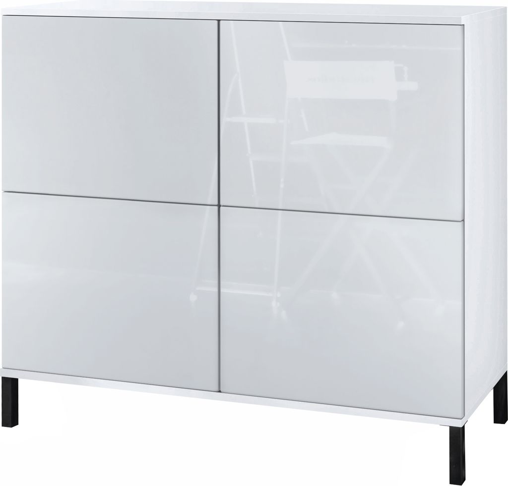 Vladon Kommode Rova V3, Moderner Küchenschrank mit 4 Push-to-Open Türen Weiß matt / Weiß Hochglanz (92,5 x 83.5 x 35)