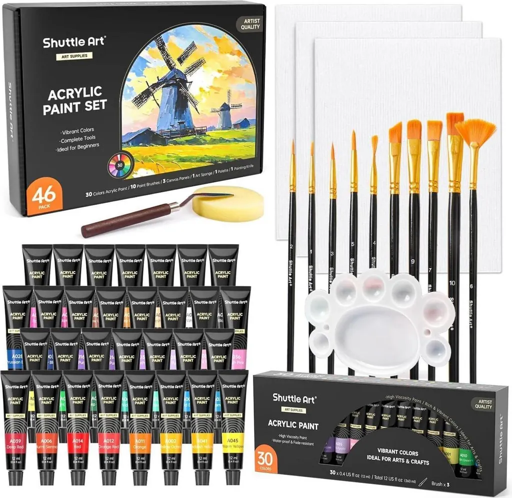 Peinture Acrylique 30 Couleurs et Accessoires de Dessin en Kit de 46