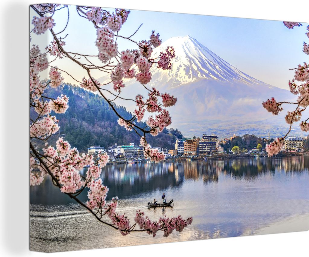 OneMillionCanvasses - Leinwandbilder - 140x90 cm, Fischerboot auf dem See in der Nähe eines Kirschblütenbaums, Wandbilder Kunstdruck Wanddekora...