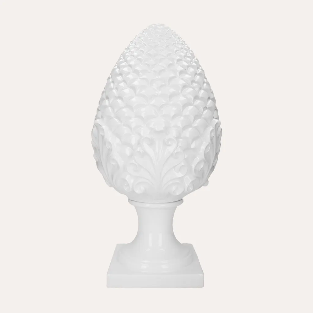 Décoration de salon : Pomme de pin en céramique blanche 60 cm pour buffet