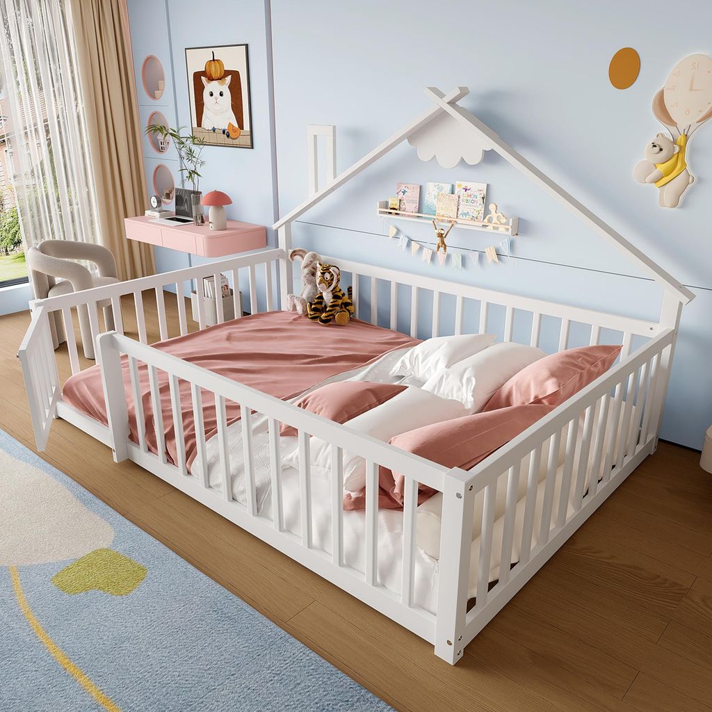 Sweiko lit plat, 140x190 cm, lit d'enfant, barre de maison, Image du produit 
