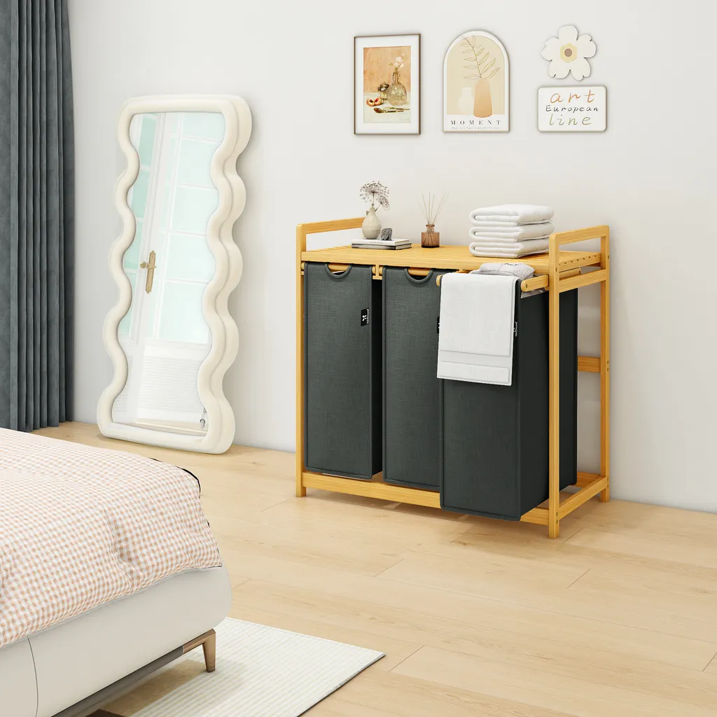 AdelDream Panier à Linge 150L en Bambou Gris avec 3 Compartiments - 5