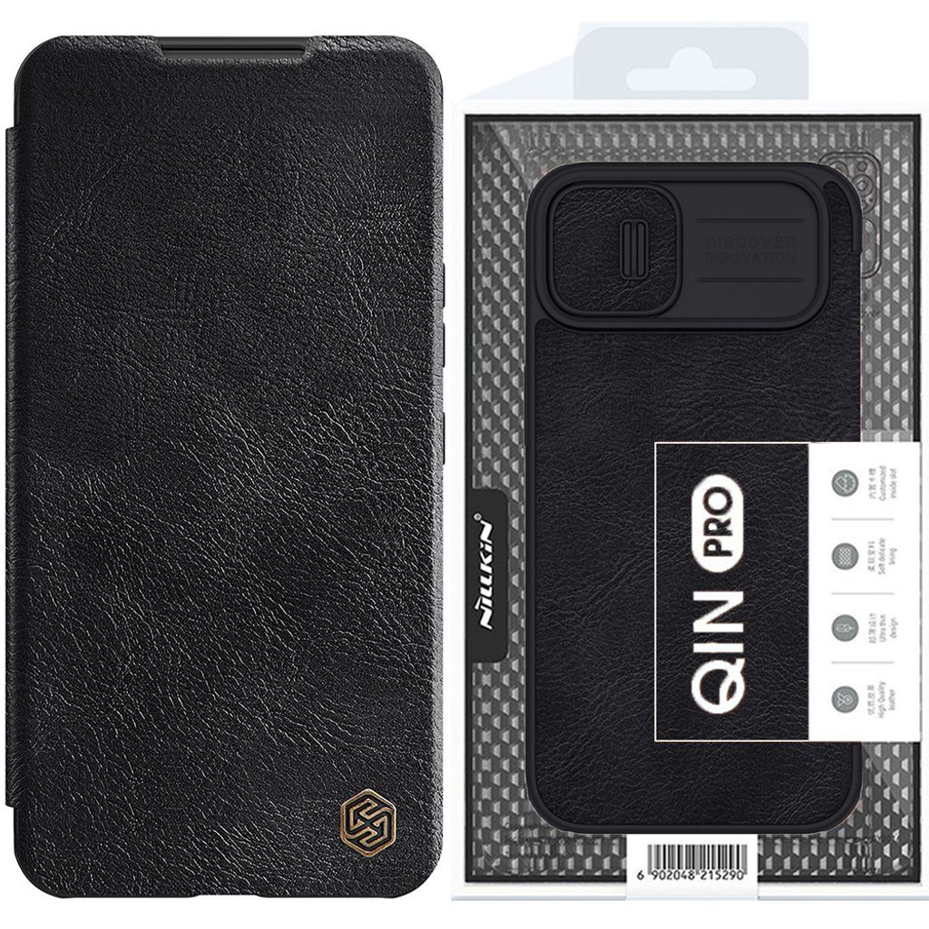A black phone case with a flip cover and a camera protection slider, presented in its packaging.