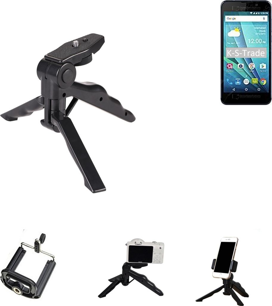 K-S-Trade Stativ Tisch-Ständer Dreibein Handy-Stativ Ständer kompatibel mit QMobile Noir S8 Plus Mini-Stativ Smartphone Tripod Handy-Stativ aus