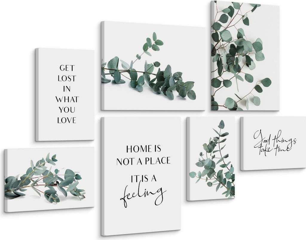 Muralo Leinwand Bilder Set AUFHÄNGFERTIG BLÄTTER Zitaten Natur 4 Bilder 20x30cm mit 3 Bilder 30x40cm