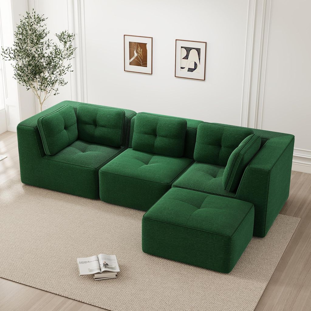STILVORA Rahmenloses L-förmiges Ecksofa mit Ottomane, Loungesofa mit flexiblem Kombinationsdesign, Dreisitzer-Cordsofa ohne Aufbau mit tiefer Sitz...