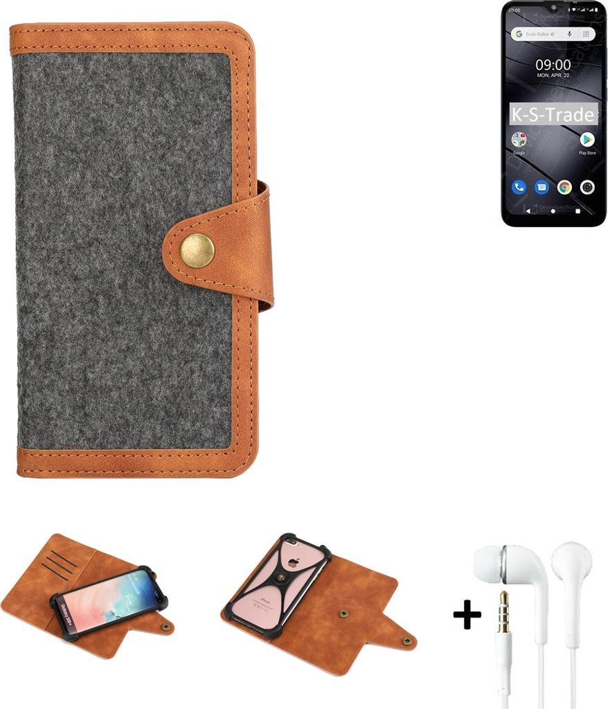 K-S-Trade Handyhülle + Kopfhörer kompatibel mit Gigaset GS110 Schutzhülle Filzhülle Kunstleder dunkelgrau braun (1x)